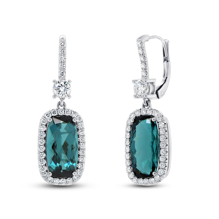 Uneek Precious Collection Halo Cushion Indicolite Tourmaline Drop Earrings