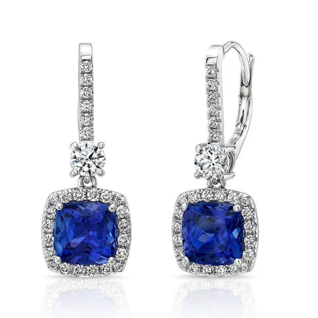 Uneek Precious Collection Halo Cushion Tanzanite Drop Earrings