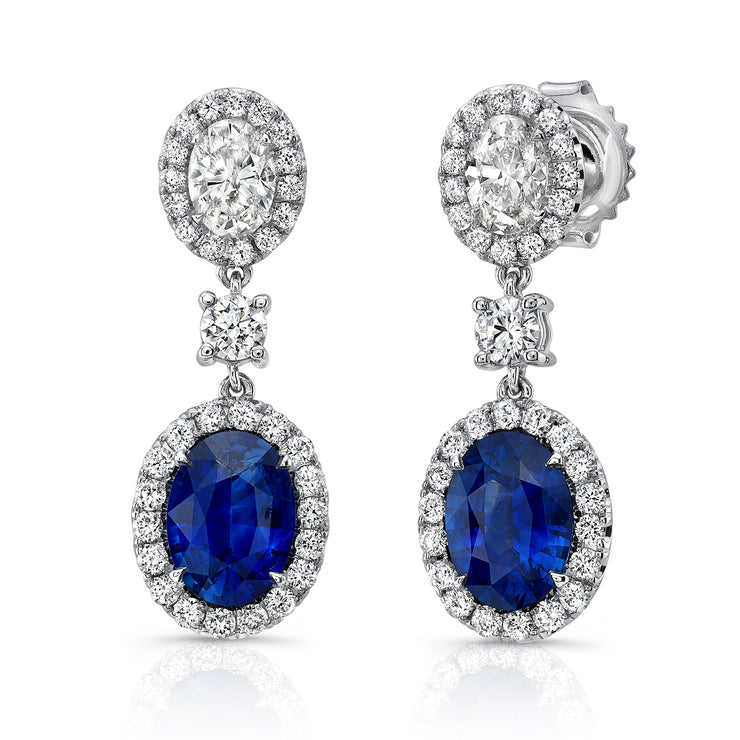 Uneek Precious Collection Halo Oval Blue Sapphire Drop Earrings