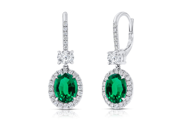 Uneek Precious Collection Halo Oval Emerald Drop Earrings