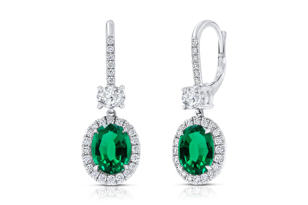 Uneek Oval Green Emerald Dangle Earrings with Pave Diamond Halos