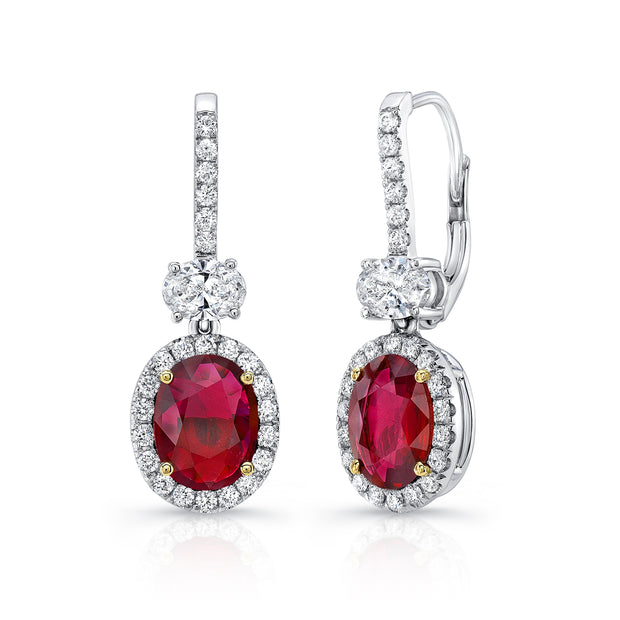 Uneek Precious Collection Halo Oval Ruby Drop Earrings