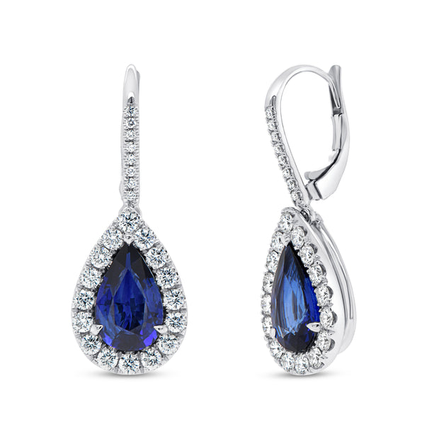 Uneek Precious Collection Halo Pear Shaped Blue Sapphire Dangle Earrings