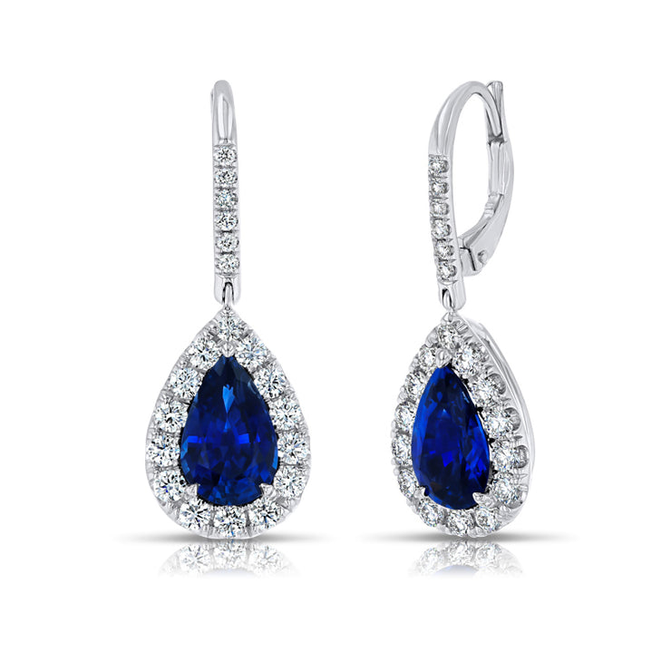 Uneek Precious Collection Halo Pear Blue Sapphire Drop Earrings