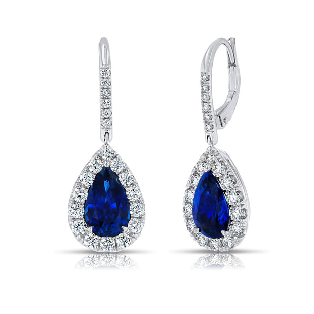 Uneek Precious Collection Halo Pear Blue Sapphire Drop Earrings