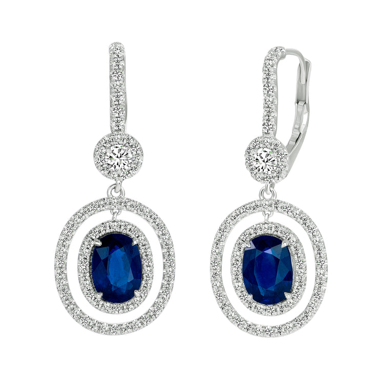 Uneek Precious Collection Halo Oval Blue Sapphire Drop Earrings
