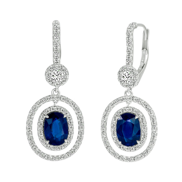 Uneek Precious Collection Halo Oval Blue Sapphire Drop Earrings