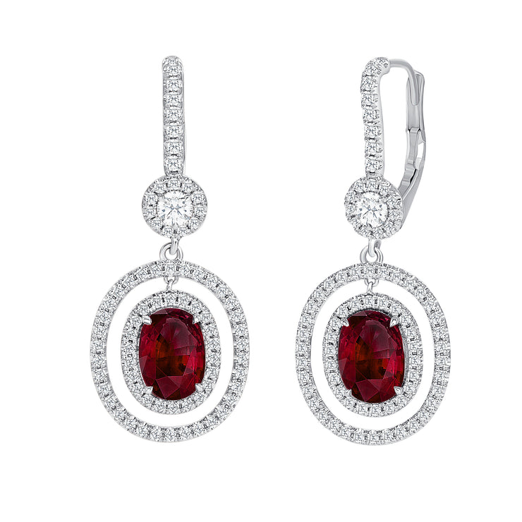 Uneek Precious Collection Halo Oval Ruby Drop Earrings