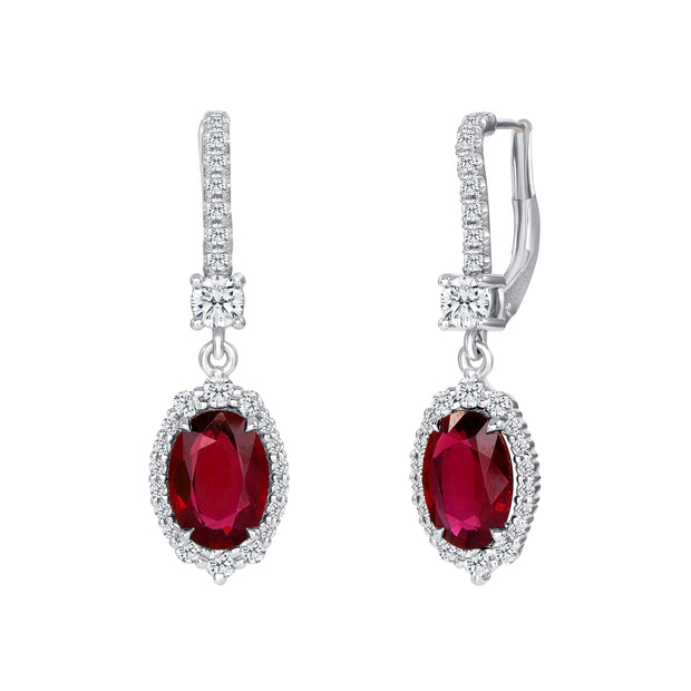 Uneek Precious Collection Halo Oval Shaped Ruby Dangle Earrings