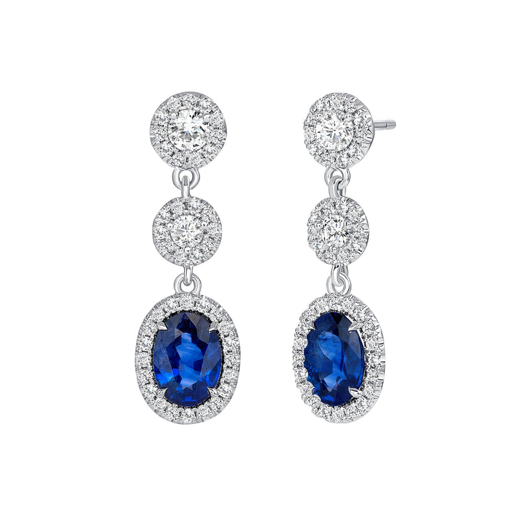 Uneek Precious Collection Halo Oval Blue Sapphire Dangle Earrings