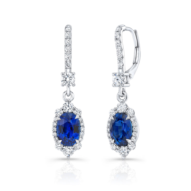 Uneek Petals Collection Halo Oval Shaped Blue Sapphire Dangle Earrings