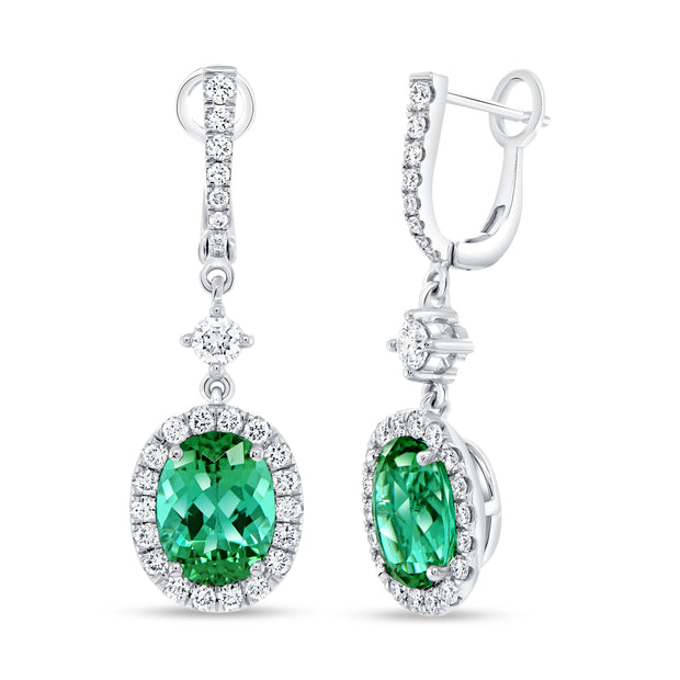 Uneek Precious Collection Halo Oval Green Tourmaline Drop Earrings