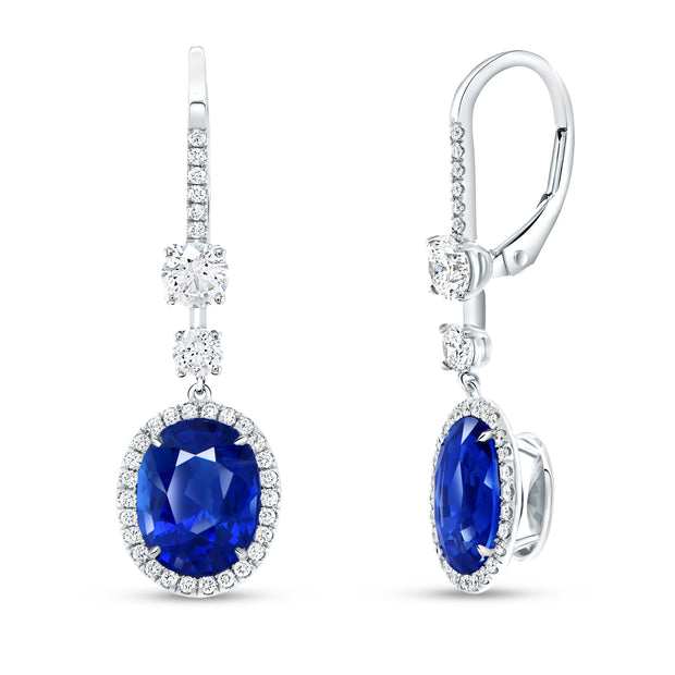 Uneek Precious Collection Halo Oval Shaped Blue Sapphire Dangle Earrings
