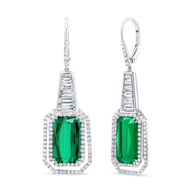 Uneek THE PHAROAH Emerald Cut Indicolite Green Tourmaline Diamond Earrings