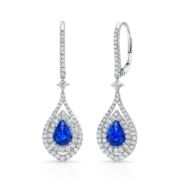 Uneek Pear-Shaped Blue Sapphire Dangle Earrings with Diamond Double Halos