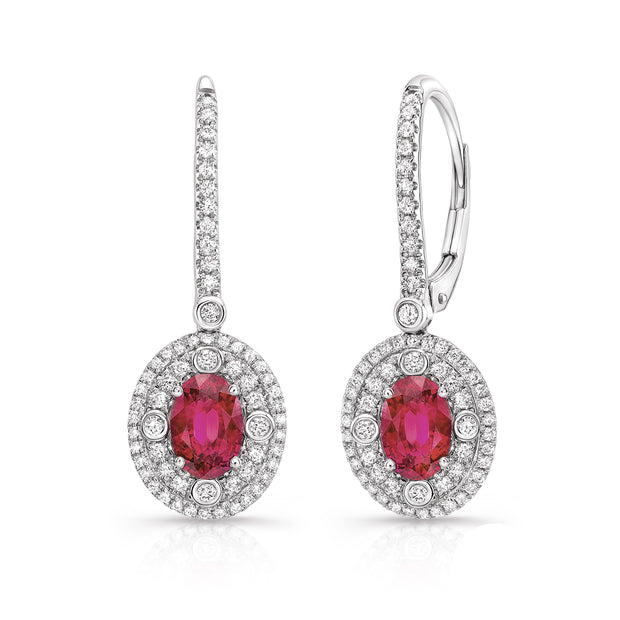 Uneek Precious Collection Double-Halo Oval Shaped Ruby Dangle Earrings