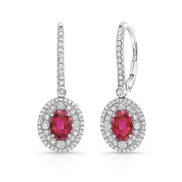 Uneek Precious Collection Double-Halo Oval Ruby Drop Earrings
