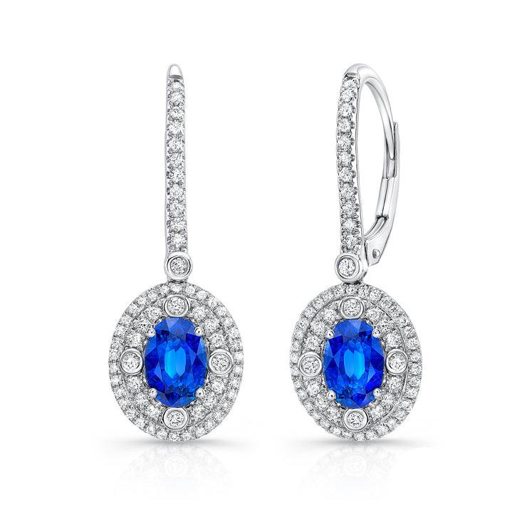 Uneek Precious Collection Double-Halo Round Blue Sapphire Drop Earrings