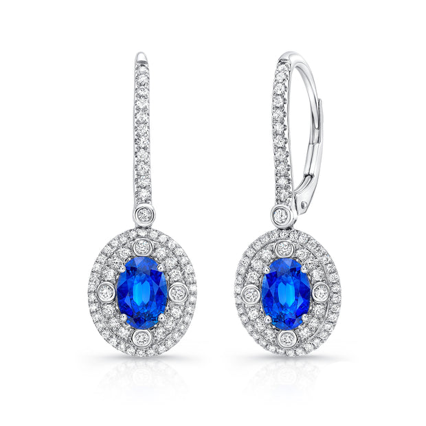 Uneek Oval Blue Sapphire Earrings with Diamond Double Halos and Accent Bezels
