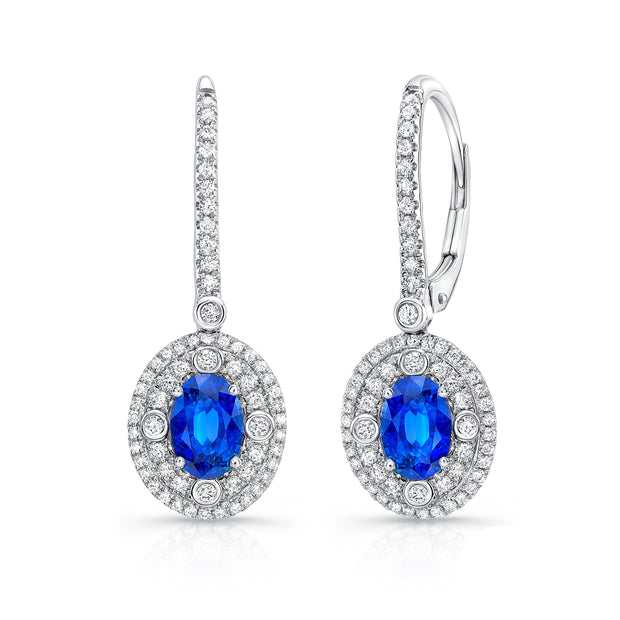 Uneek Precious Collection Double-Halo Round Blue Sapphire Drop Earrings