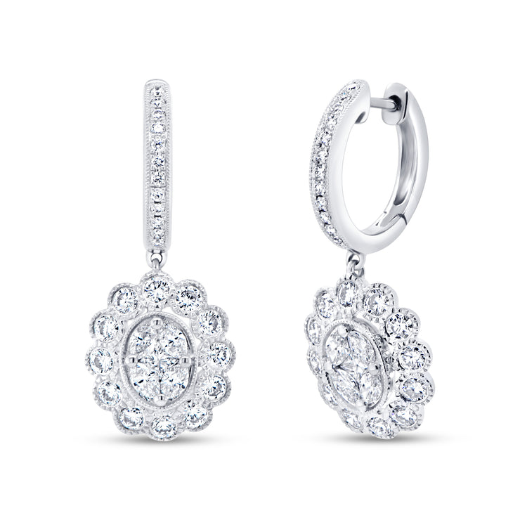 Uneek Petals Collection Halo Princess Diamond Drop Earrings