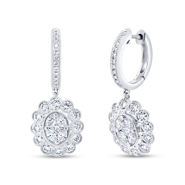Uneek Petals Collection Halo Princess Diamond Drop Earrings