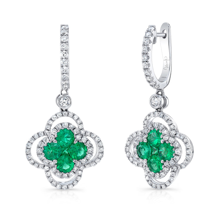 Uneek Precious Collection Floral Round Emerald Drop Earrings