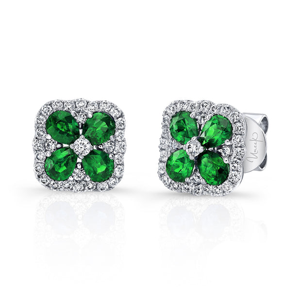 Uneek Precious Collection Floral Round Emerald Stud Earrings