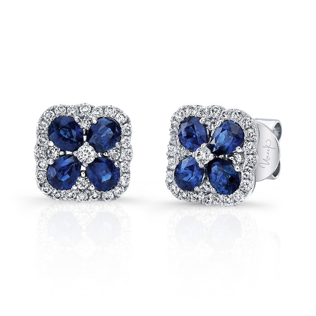 Uneek Precious Collection Floral Round Blue Sapphire Stud Earrings