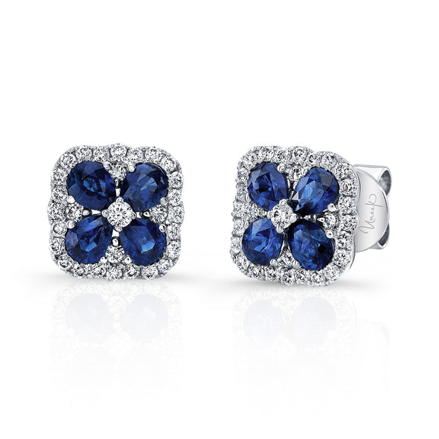 Uneek Precious Collection Floral Round Blue Sapphire Stud Earrings