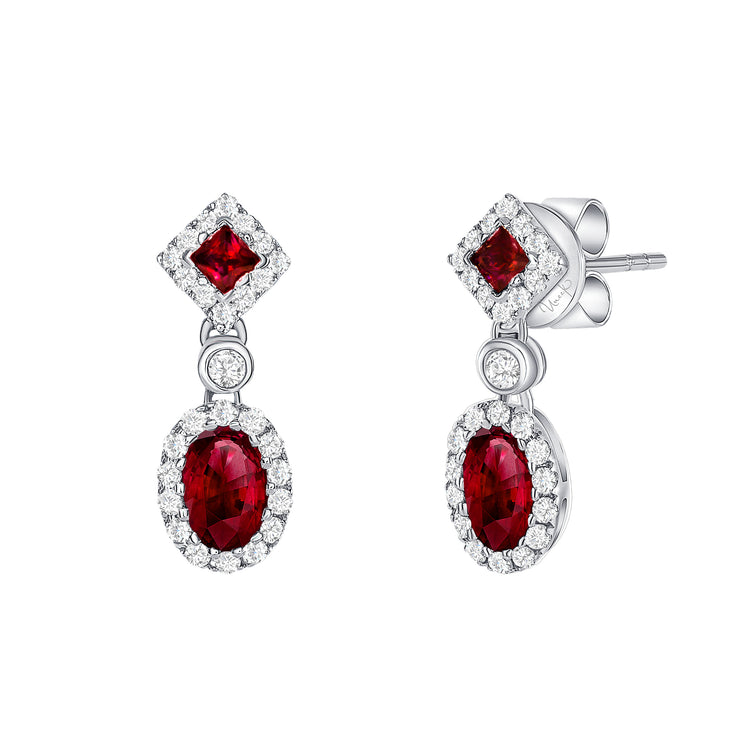 Uneek Precious Collection Halo Oval Ruby Dangle Earrings