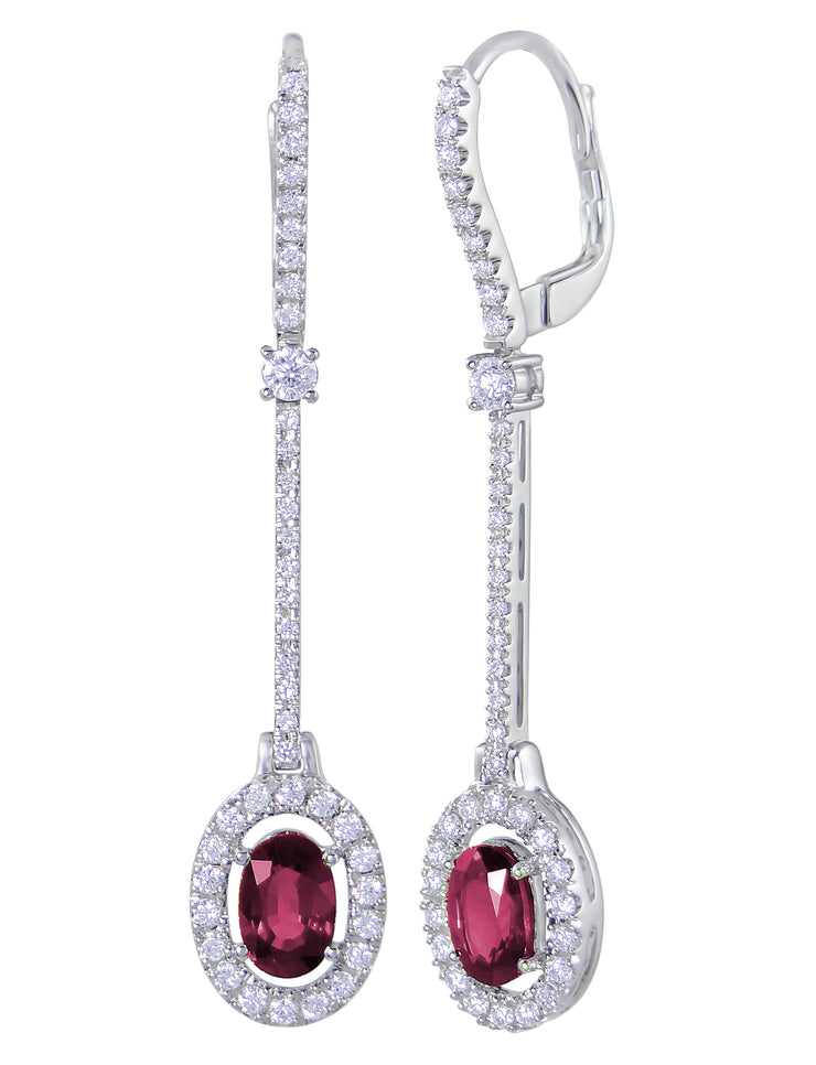 Uneek Oval Ruby Spoon Dangle Earrings with Pave Diamond Halos