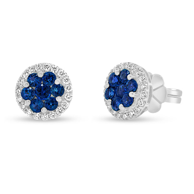 Uneek Precious Collection Halo Round Blue Sapphire Stud Earrings