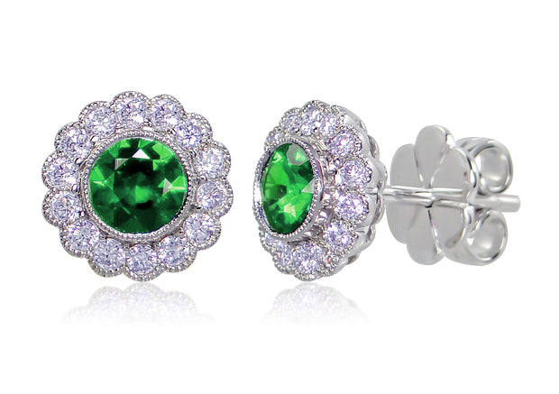 Uneek Bezel-Set Round Emerald Stud Earrings with Scalloped Diamond Halos and Vintage-Style Milgrain