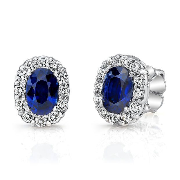 Uneek Oval Blue Sapphire Stud Earrings with Scalloped Diamond Halos