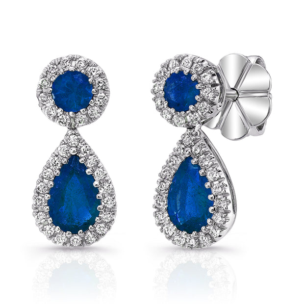 Uneek Vintage-Style Blue Sapphire Teardrop Earrings with Pave Diamond Halos