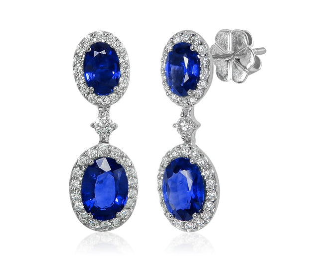 Uneek Royalty-Inspired Blue Sapphire Double Oval Dangle Earrings with Pave Diamond Halos