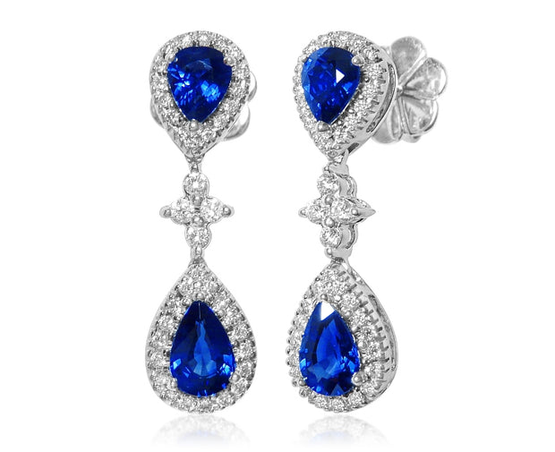 Uneek Royalty-Inspired Blue Sapphire Double Teardrop Dangle Earrings with Pave Diamond Halos and Flower-Shaped Diamond Cluster Accents