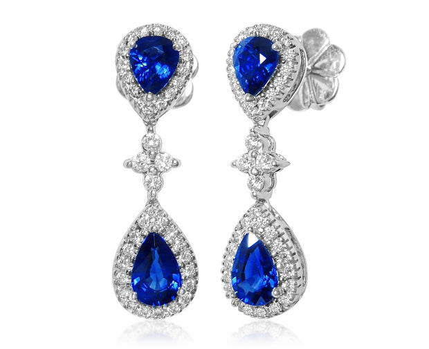 Uneek Precious Collection Halo Pear Blue Sapphire Dangle Earrings