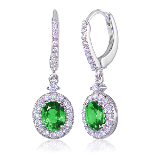 Uneek Oval Emerald Dangle Earrings with Pave Diamond Halos
