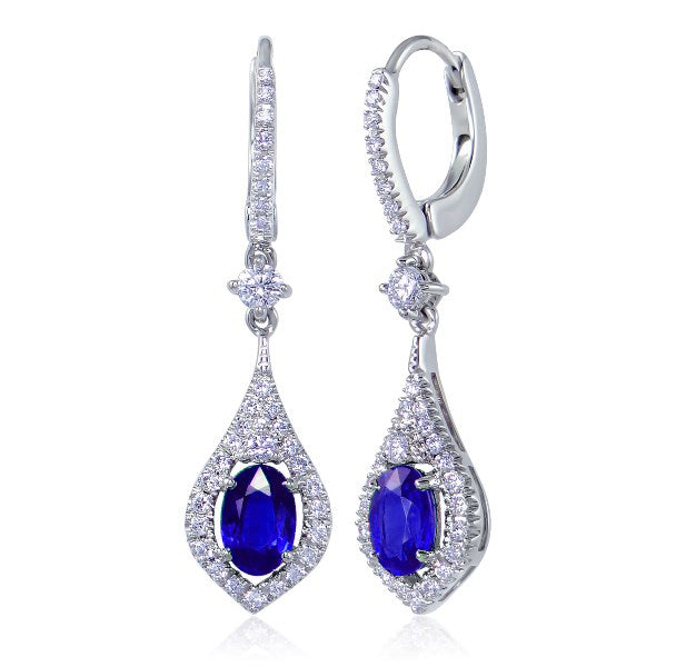 Uneek Oval Blue Sapphire Dangle Earrings with Teardrop-Shaped Pave Diamond Halos