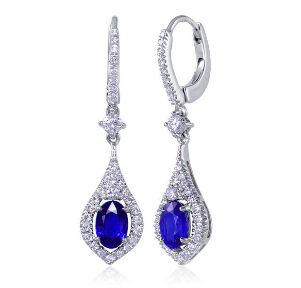 Uneek Precious Collection Halo Oval Blue Sapphire Drop Earrings