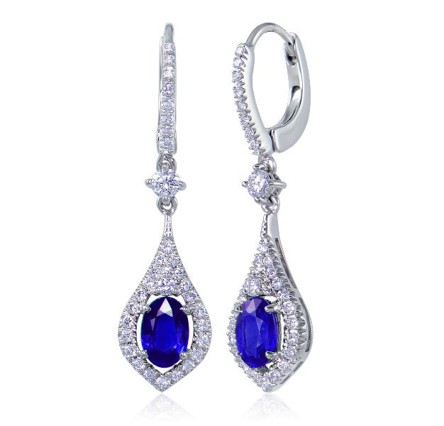 Uneek Precious Collection Halo Oval Blue Sapphire Drop Earrings