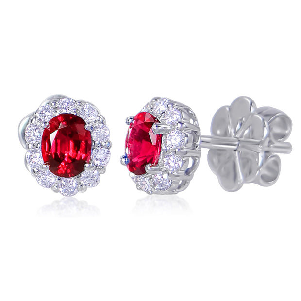 Uneek Oval Ruby Stud Earrings with Scalloped Diamond Halos