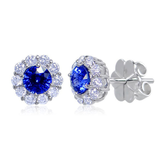 Uneek Precious Collection Halo Round Blue Sapphire Stud Earrings