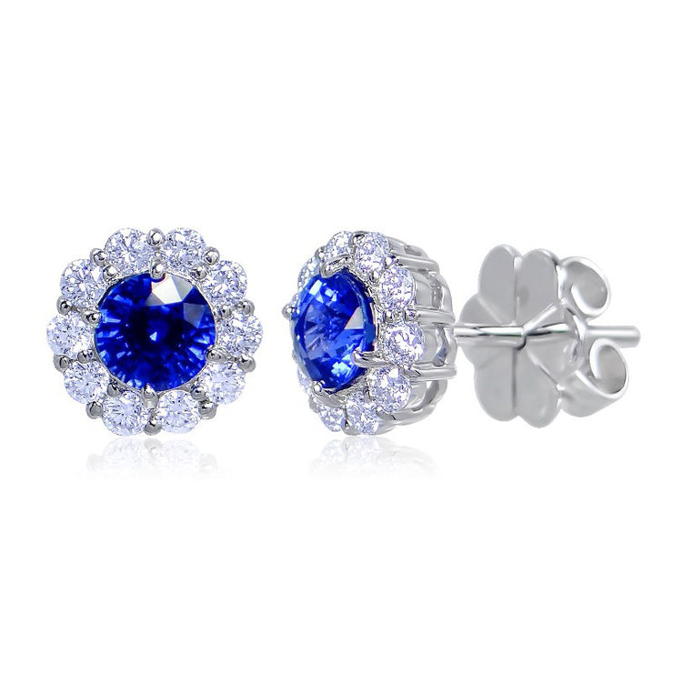 Uneek Round Blue Sapphire Stud Earrings with Scalloped Diamond Halos