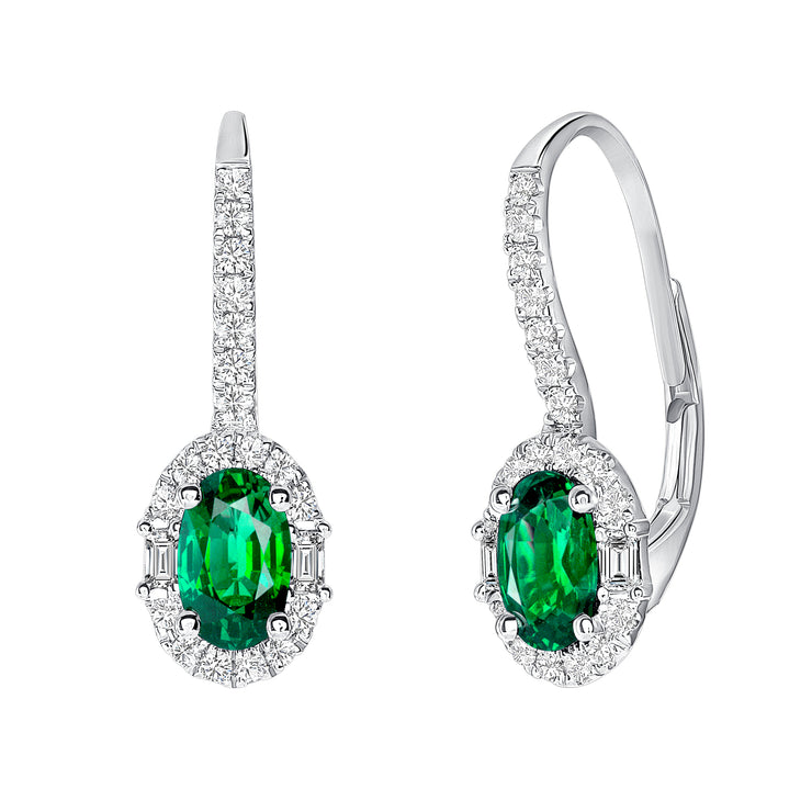 Uneek Precious Collection Halo Oval Shaped Emerald Drop Earrings