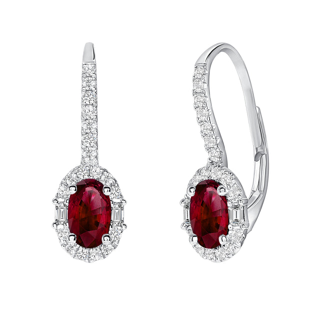 Uneek Precious Collection Halo Oval Shaped Ruby Drop Earrings