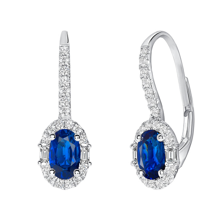 Uneek Precious Collection Halo Oval Shaped Blue Sapphire Drop Earrings