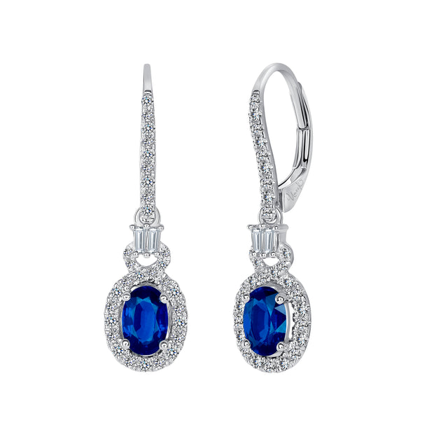 Uneek Precious Collection Halo Round Blue Sapphire Dangle Earrings